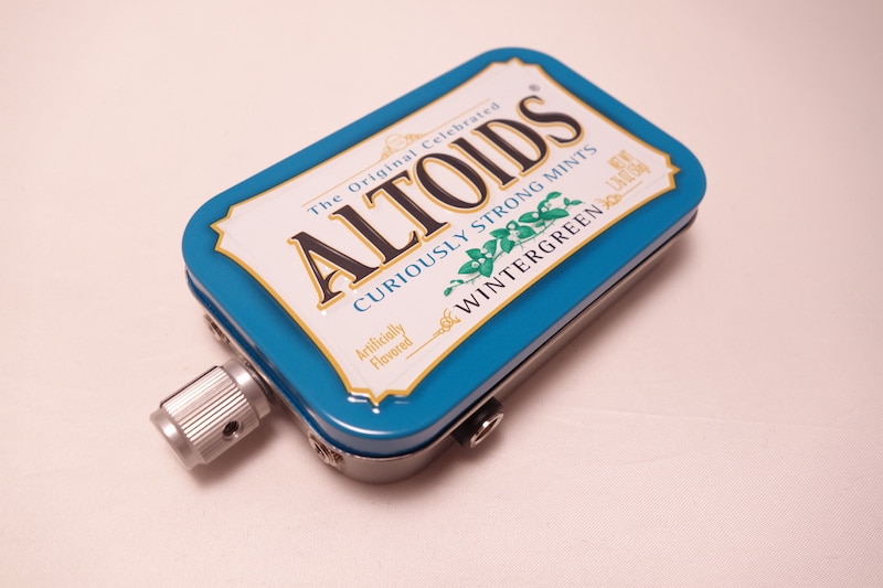 The completed Altoids mint tin headphone amp after all the hard work