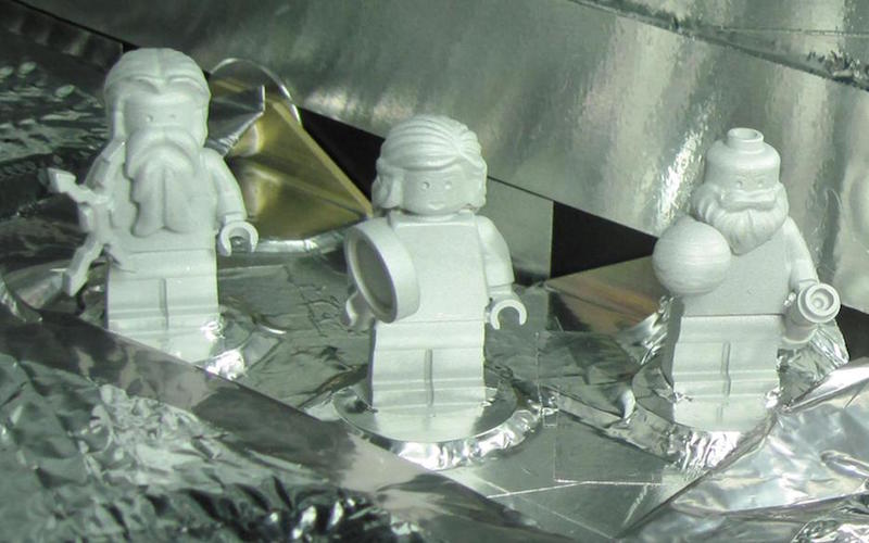 The three LEGO figurines on board, of Jupiter, Juno and Galileo Galilei