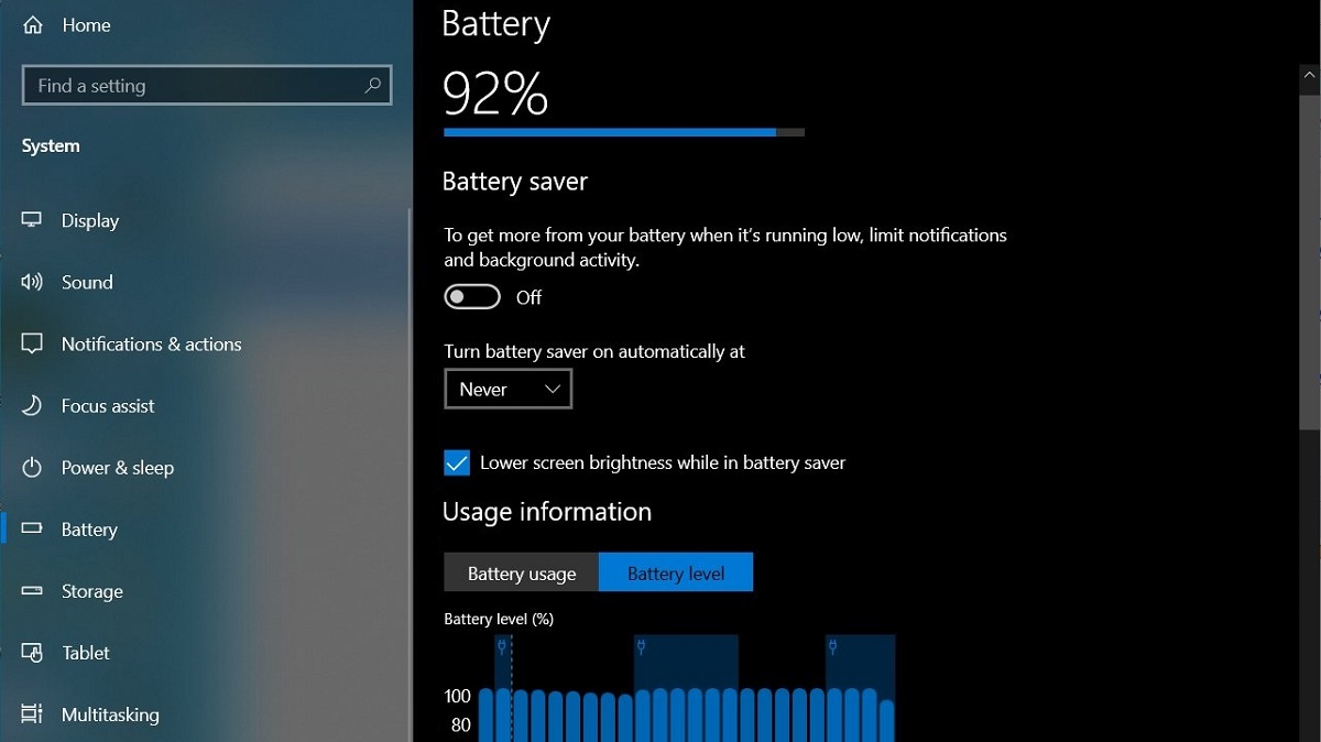Windows 10 Battery Settings Page